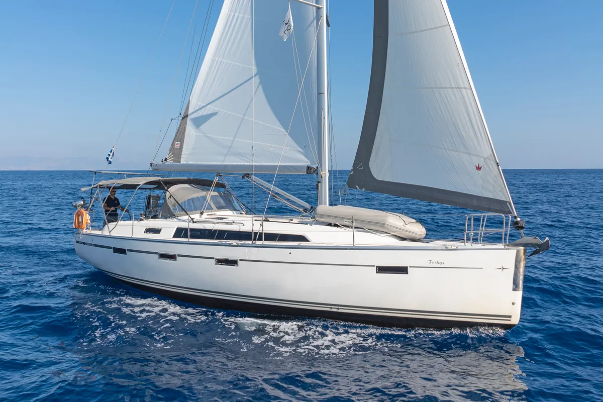 Exterior view of Forkys, a Bavaria Cruiser 41 sailboat at Municipal Unit of Rhodes, Greece