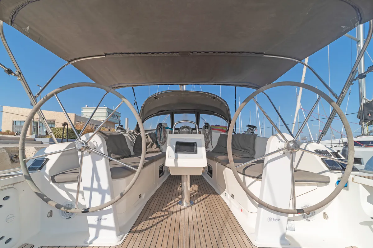 Cockpit of Forkys, a Bavaria Cruiser 41 sailboat at Municipal Unit of Rhodes, Greece
