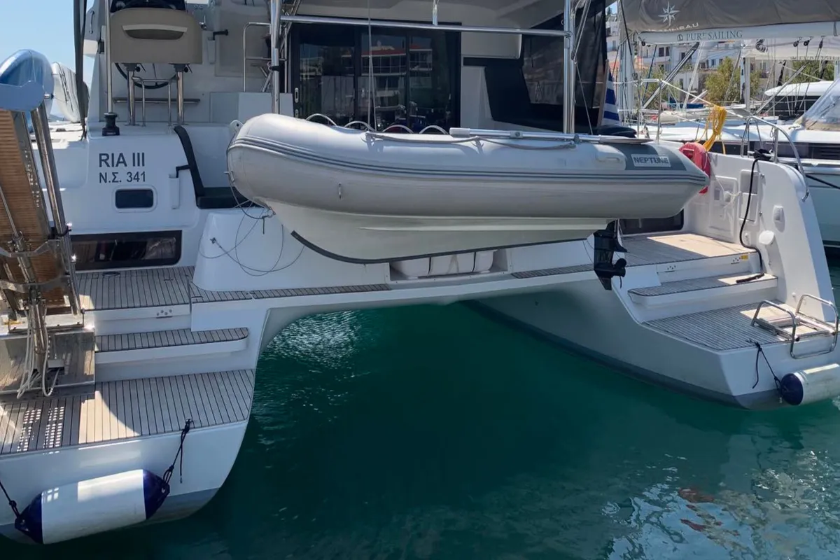 Exterior view of Ria III, a Lagoon 42 catamaran at Municipal Unit of Lefkada, Greece