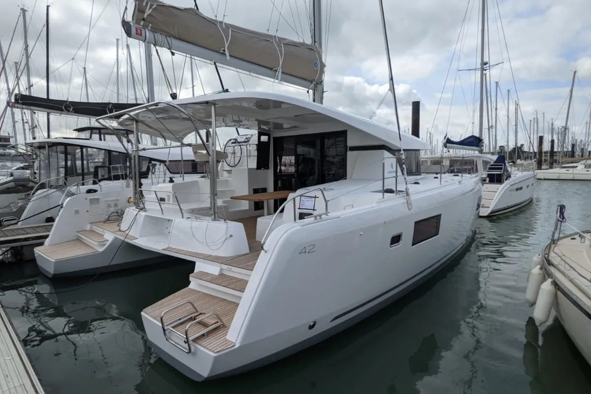 Exterior view of Ria III, a Lagoon 42 catamaran at Municipal Unit of Lefkada, Greece
