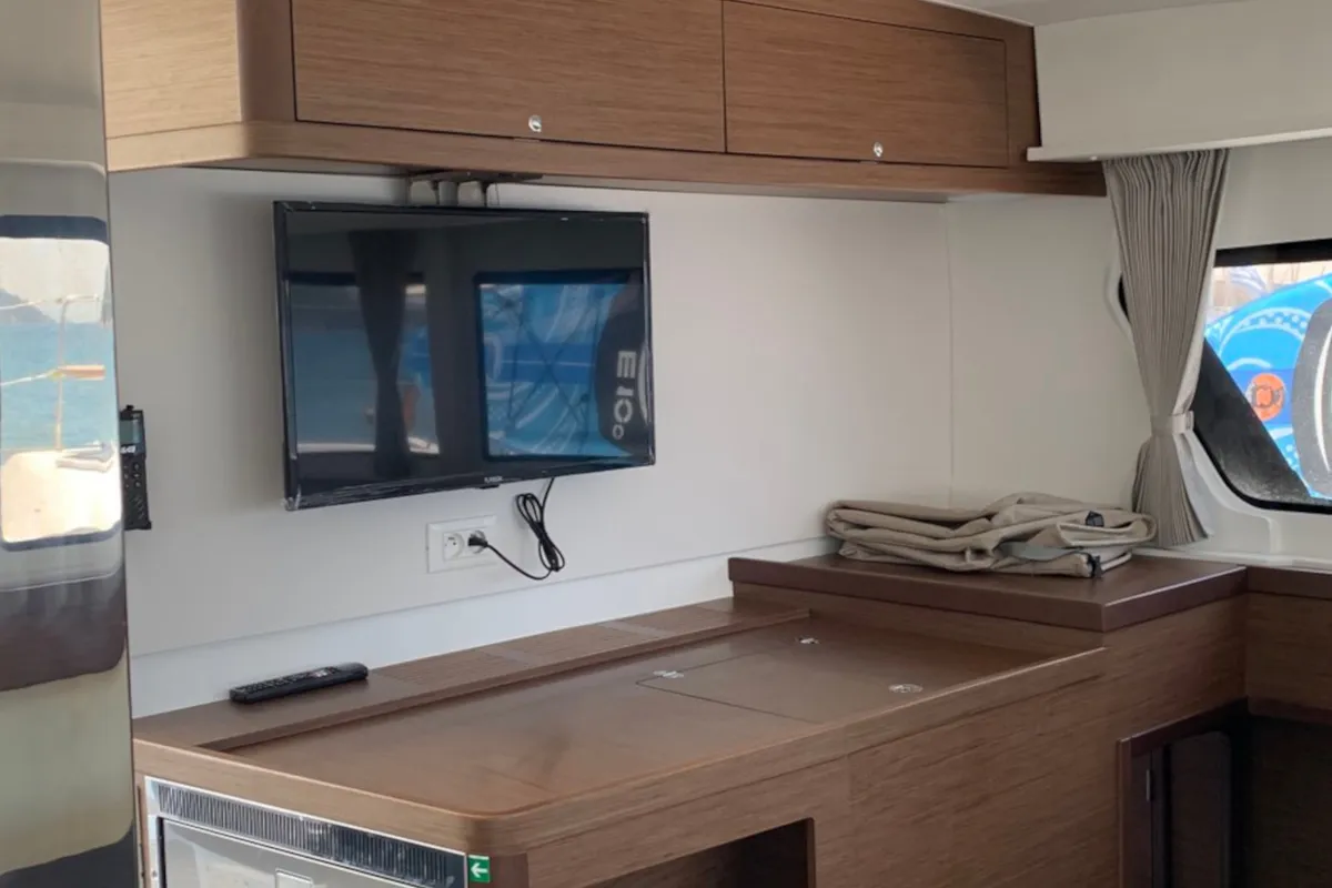 Salon of Ria III, a Lagoon 42 catamaran at Municipal Unit of Lefkada, Greece
