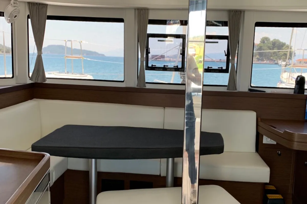 Salon of Ria III, a Lagoon 42 catamaran at Municipal Unit of Lefkada, Greece