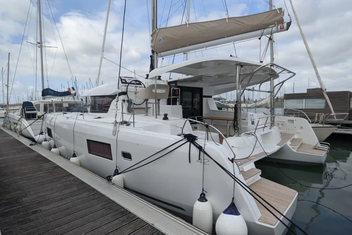 Exterior view of Ria III, a Lagoon 42 catamaran at Municipal Unit of Lefkada, Greece