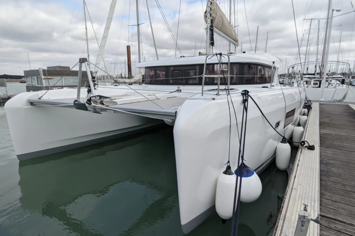 Exterior view of Ria III, a Lagoon 42 catamaran at Municipal Unit of Lefkada, Greece