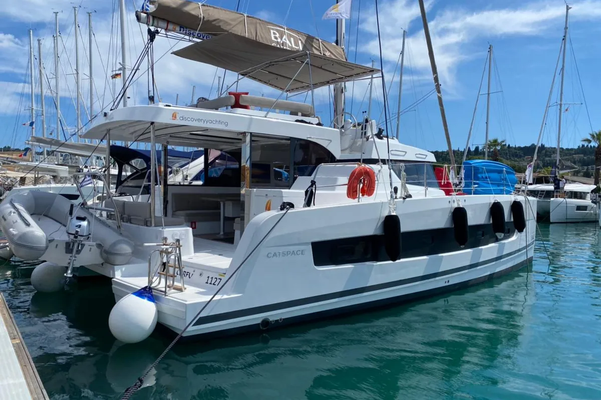 Exterior view of Helona, a Bali Catspace catamaran at Volos, Greece