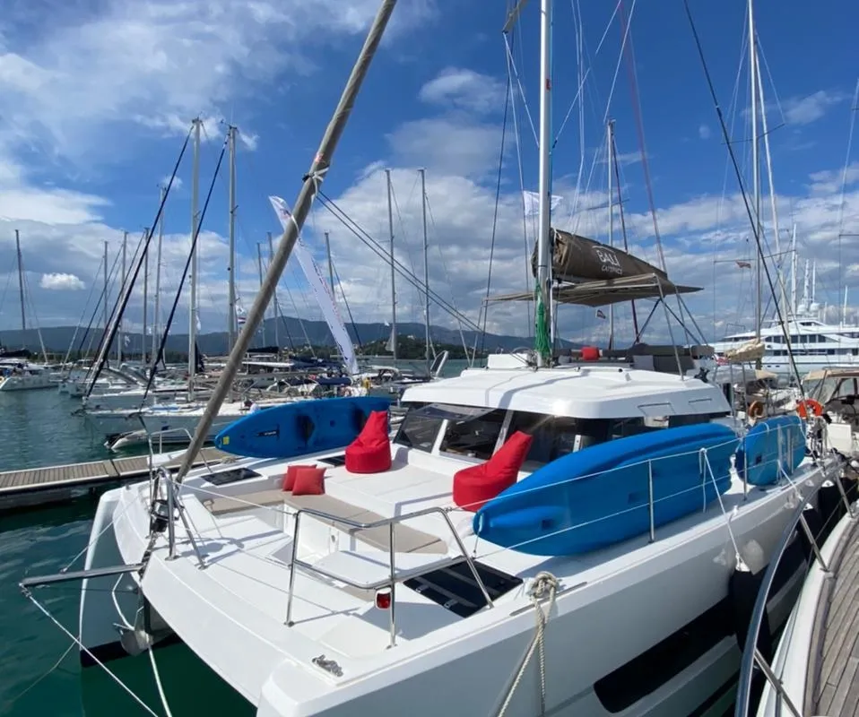 Deck of Helona, a Bali Catspace catamaran at Volos, Greece