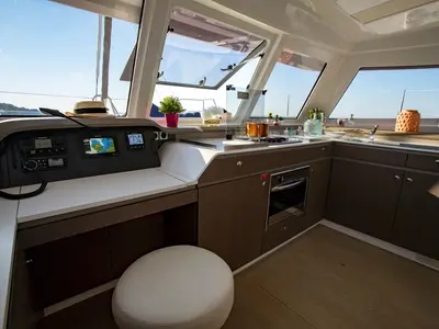 Cockpit of Helona, a Bali Catspace catamaran at Volos, Greece