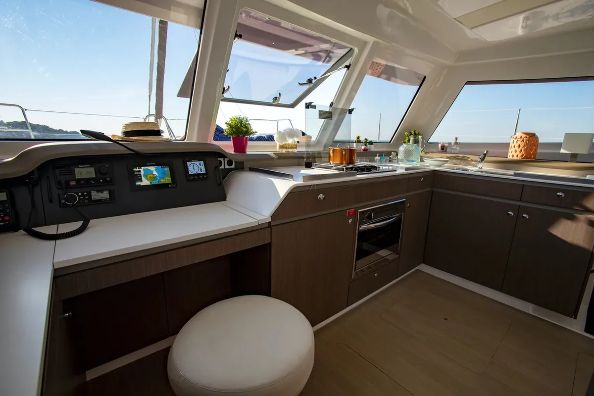Cockpit of Helona, a Bali Catspace catamaran at Volos, Greece