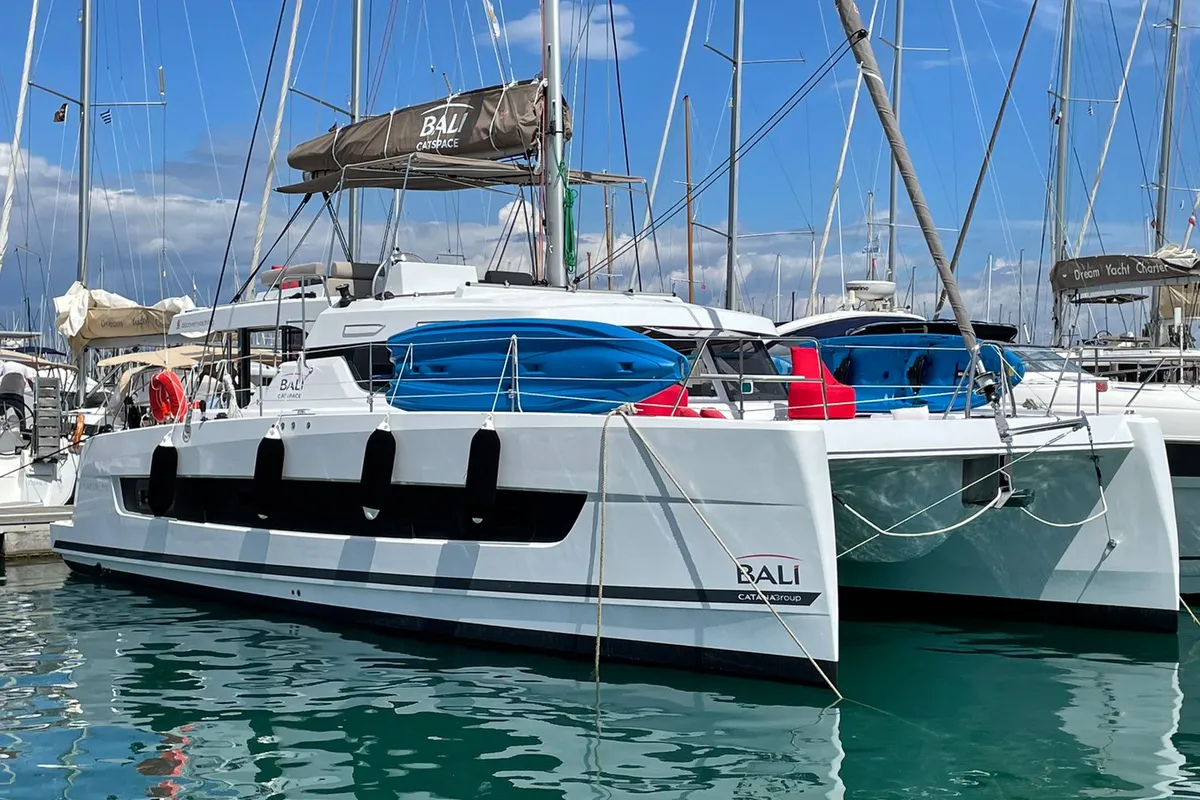 Exterior view of Helona, a Bali Catspace catamaran at Volos, Greece