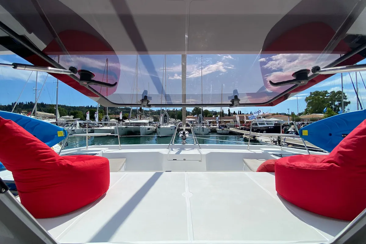 Deck of Helona, a Bali Catspace catamaran at Volos, Greece