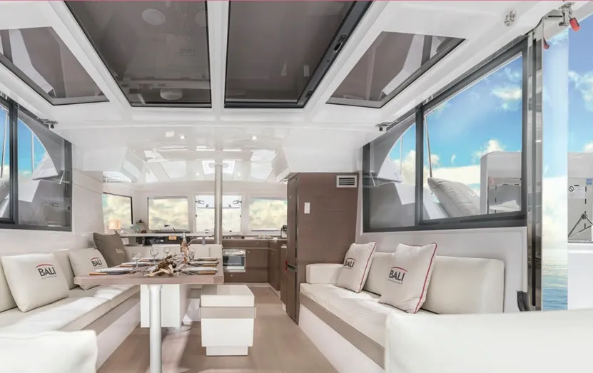 Salon of Helona, a Bali Catspace catamaran at Volos, Greece