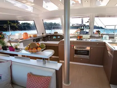 Salon of Helona, a Bali Catspace catamaran at Volos, Greece