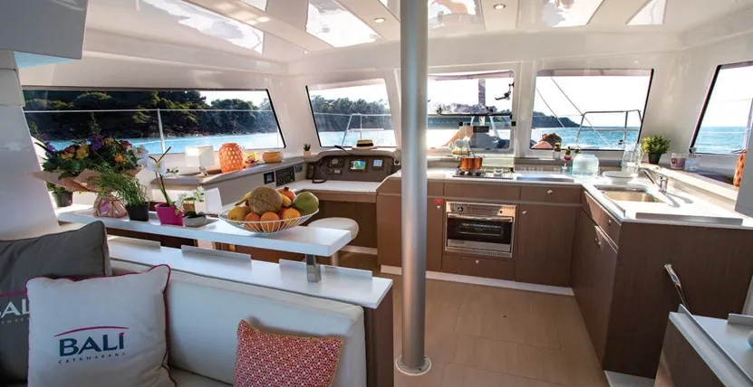 Salon of Helona, a Bali Catspace catamaran at Volos, Greece