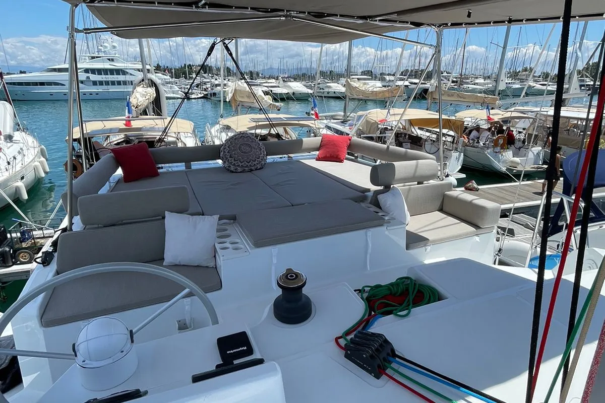 Cockpit of Helona, a Bali Catspace catamaran at Volos, Greece