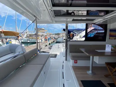 Deck of Helona, a Bali Catspace catamaran at Volos, Greece
