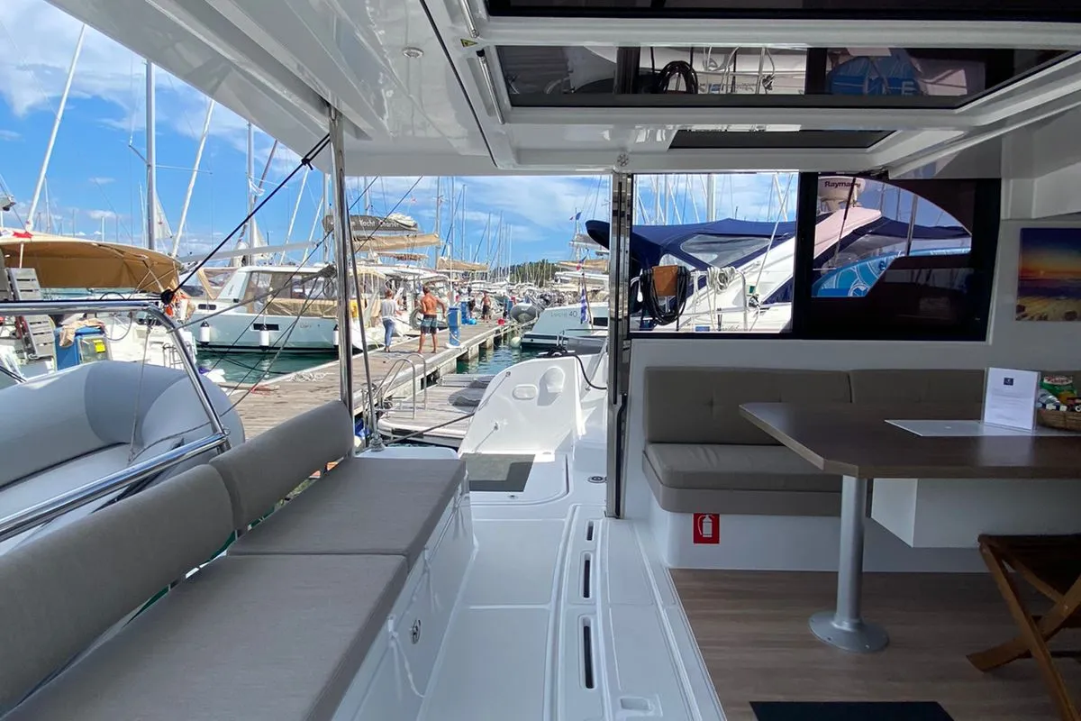 Deck of Helona, a Bali Catspace catamaran at Volos, Greece