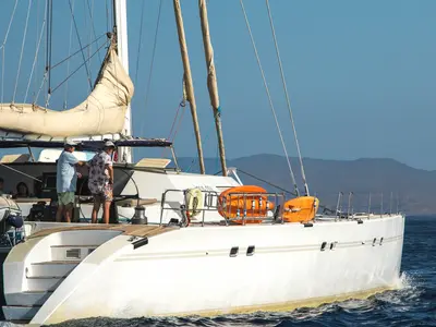 Exterior view of Lonestar, a Custom Made Lonestar catamaran at Roche Caiman, Seychelles