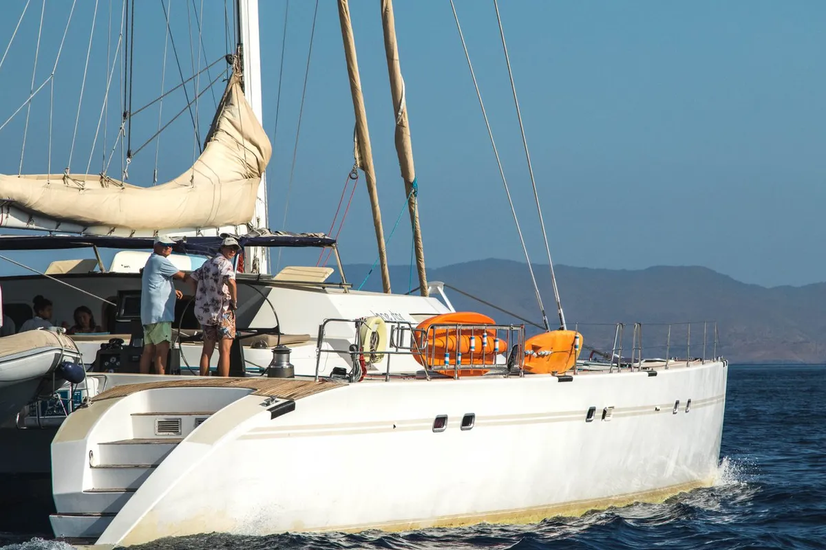 Exterior view of Lonestar, a Custom Made Lonestar catamaran at Roche Caiman, Seychelles