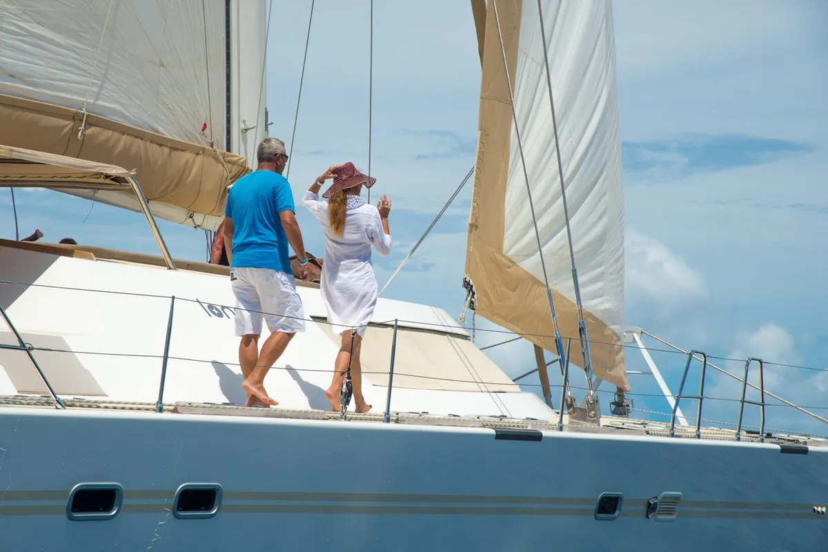 Deck of Lonestar, a Custom Made Lonestar catamaran at Roche Caiman, Seychelles