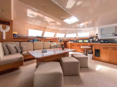 Salon of Lonestar, a Custom Made Lonestar catamaran at Roche Caiman, Seychelles