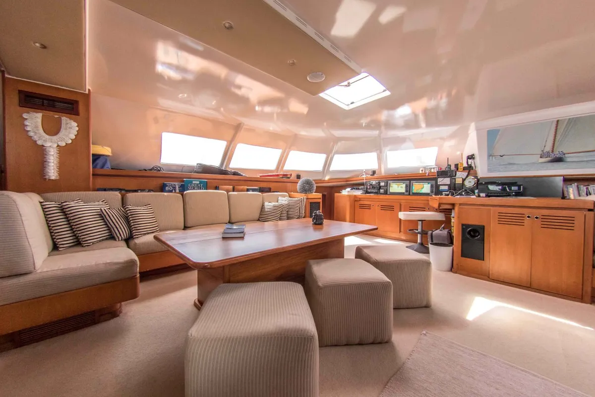 Salon of Lonestar, a Custom Made Lonestar catamaran at Roche Caiman, Seychelles