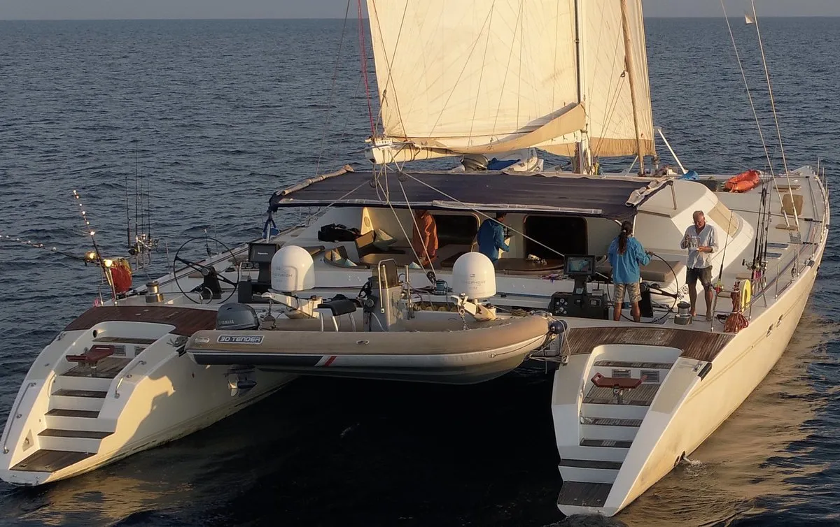 Exterior view of Lonestar, a Custom Made Lonestar catamaran at Roche Caiman, Seychelles