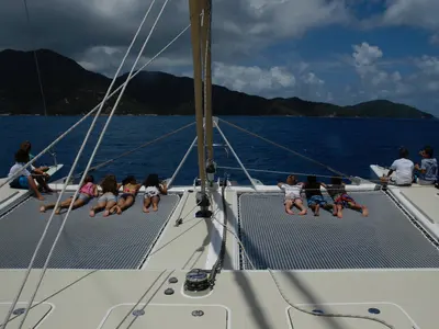 Deck of Lonestar, a Custom Made Lonestar catamaran at Roche Caiman, Seychelles