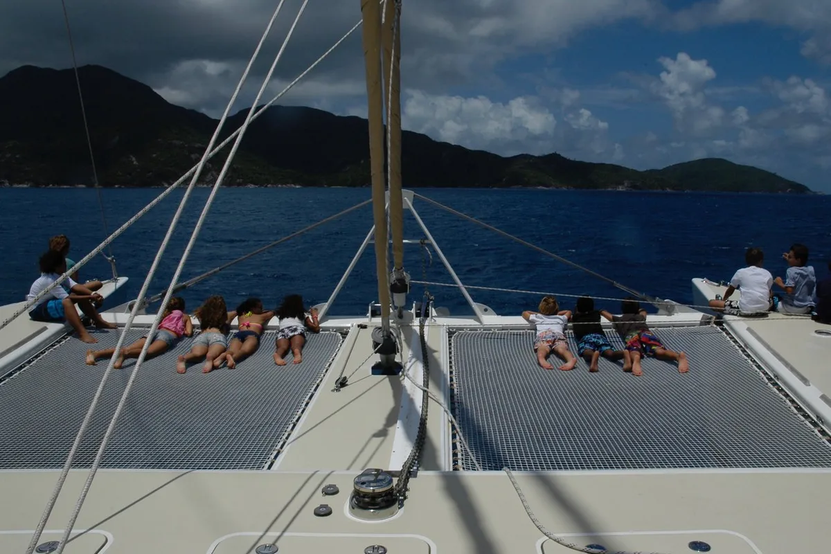 Deck of Lonestar, a Custom Made Lonestar catamaran at Roche Caiman, Seychelles