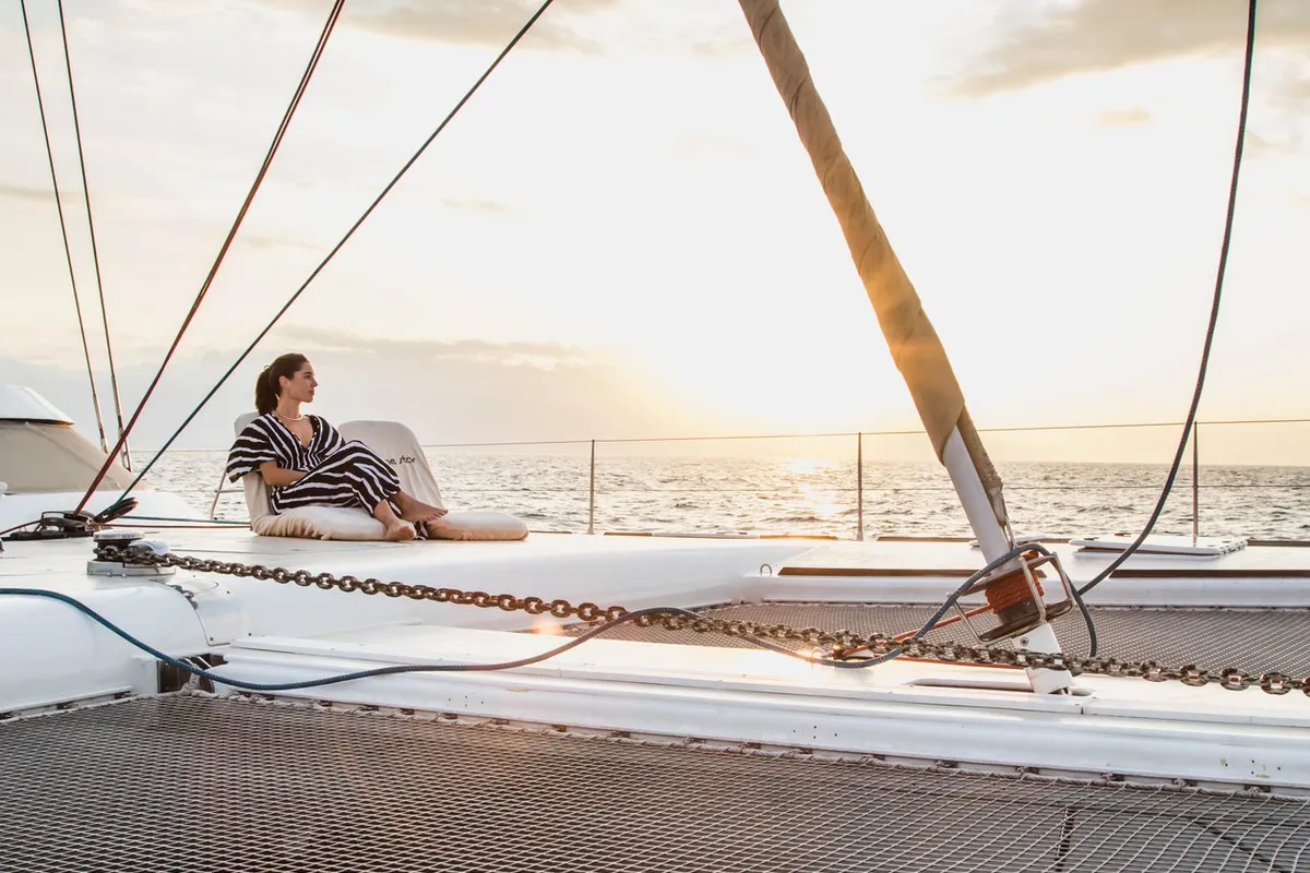 Deck of Lonestar, a Custom Made Lonestar catamaran at Roche Caiman, Seychelles