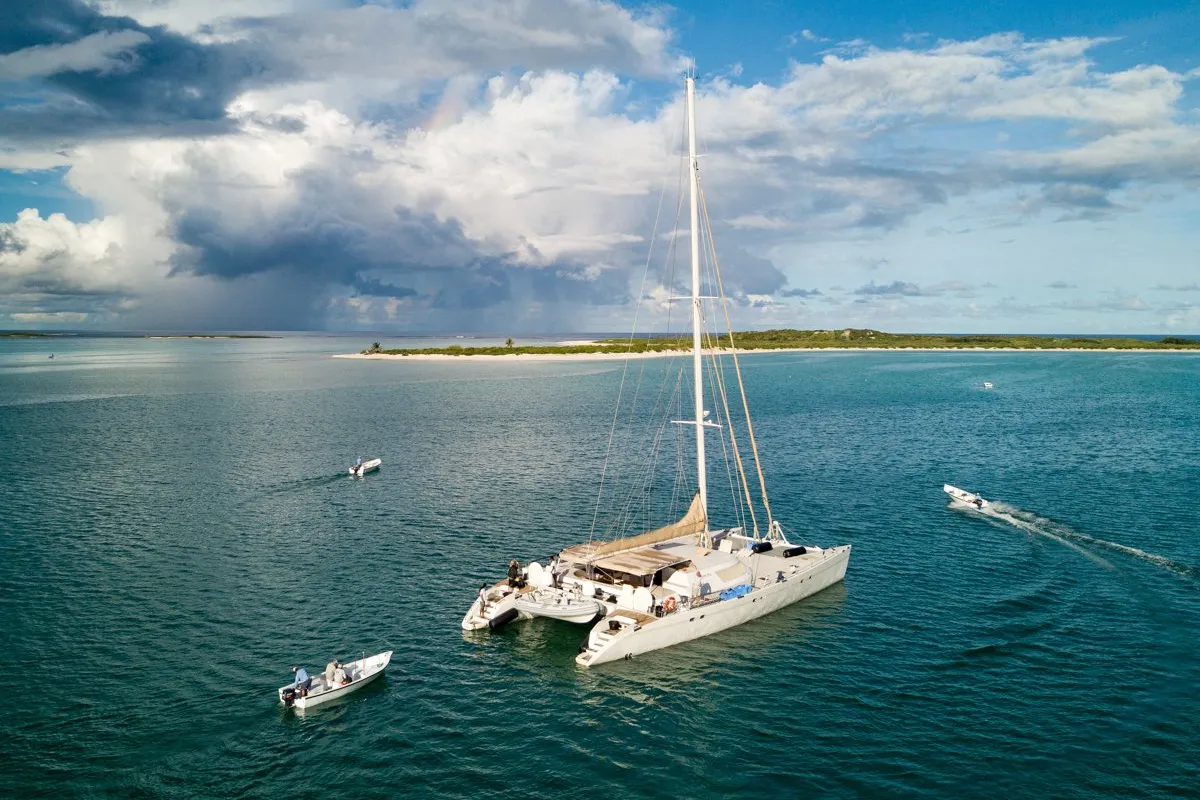 Exterior view of Lonestar, a Custom Made Lonestar catamaran at Roche Caiman, Seychelles