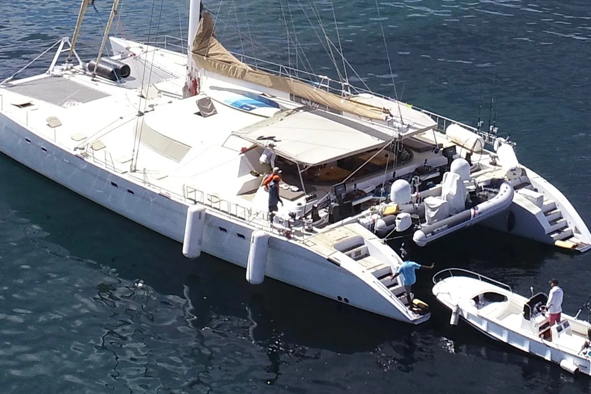Exterior view of Lonestar, a Custom Made Lonestar catamaran at Roche Caiman, Seychelles