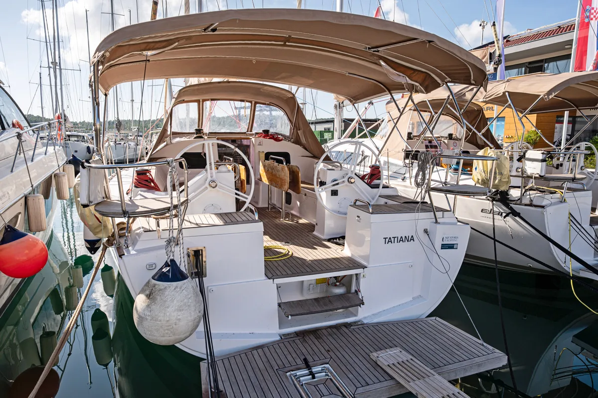 Cockpit of Tatiana, a Elan Impression 45.1 sailboat at Pirovac, Croatia