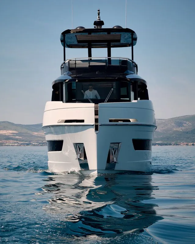 Exterior view of Blue Moon, a Explorer Fly 62 motor yacht at Općina Sukošan, Croatia