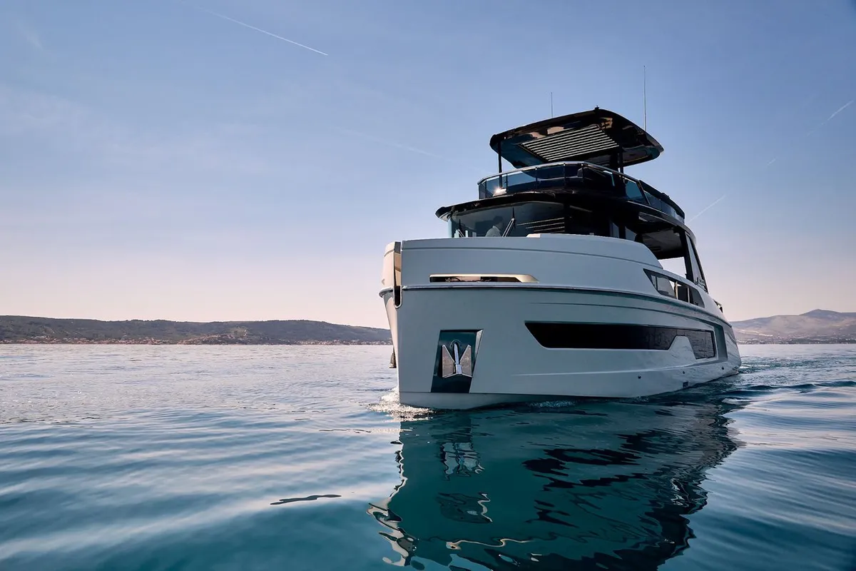 Exterior view of Blue Moon, a Explorer Fly 62 motor yacht at Općina Sukošan, Croatia