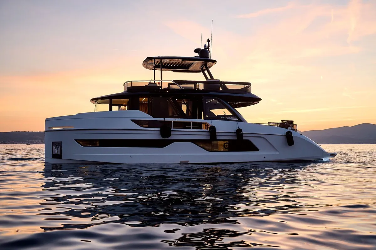 Exterior view of Blue Moon, a Explorer Fly 62 motor yacht at Općina Sukošan, Croatia