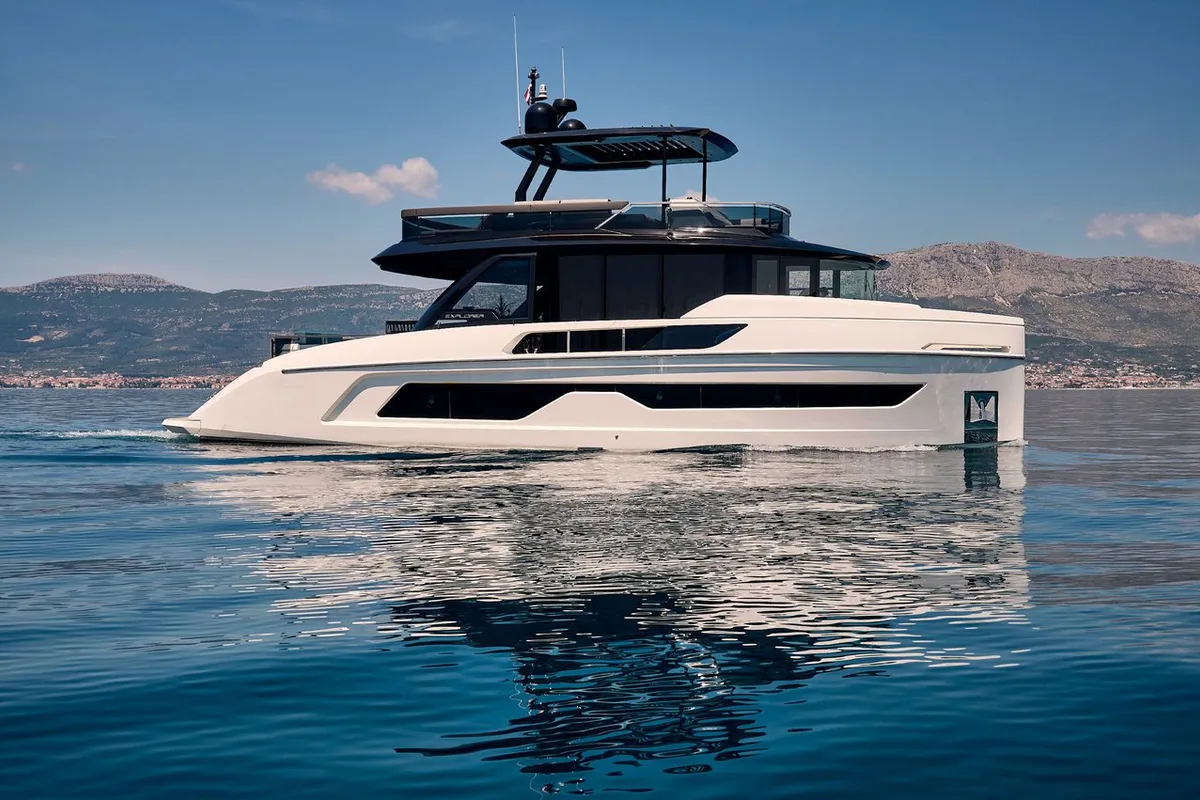 Exterior view of Blue Moon, a Explorer Fly 62 motor yacht at Općina Sukošan, Croatia