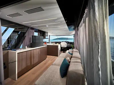 Salon of Blue Moon, a Explorer Fly 62 motor yacht at Općina Sukošan, Croatia