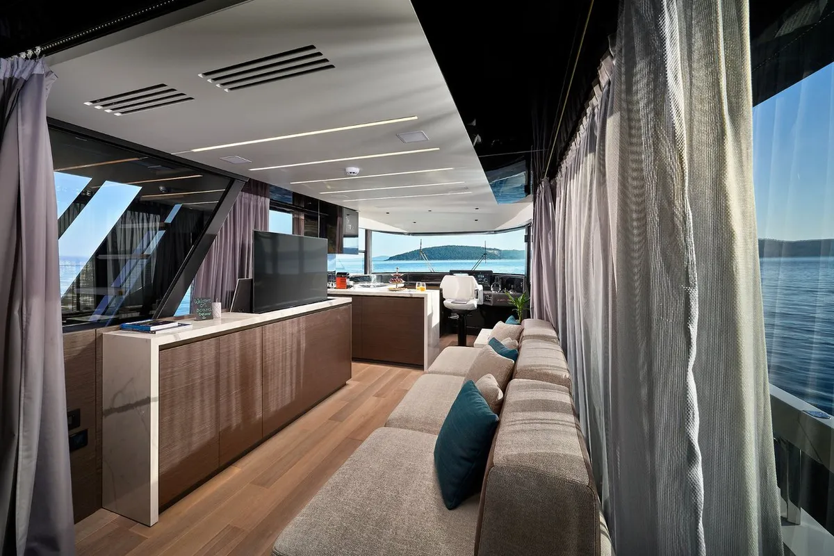 Salon of Blue Moon, a Explorer Fly 62 motor yacht at Općina Sukošan, Croatia