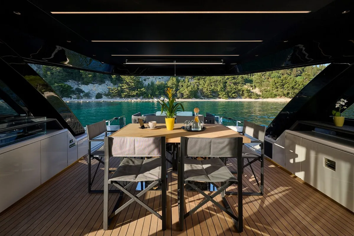 Deck of Blue Moon, a Explorer Fly 62 motor yacht at Općina Sukošan, Croatia