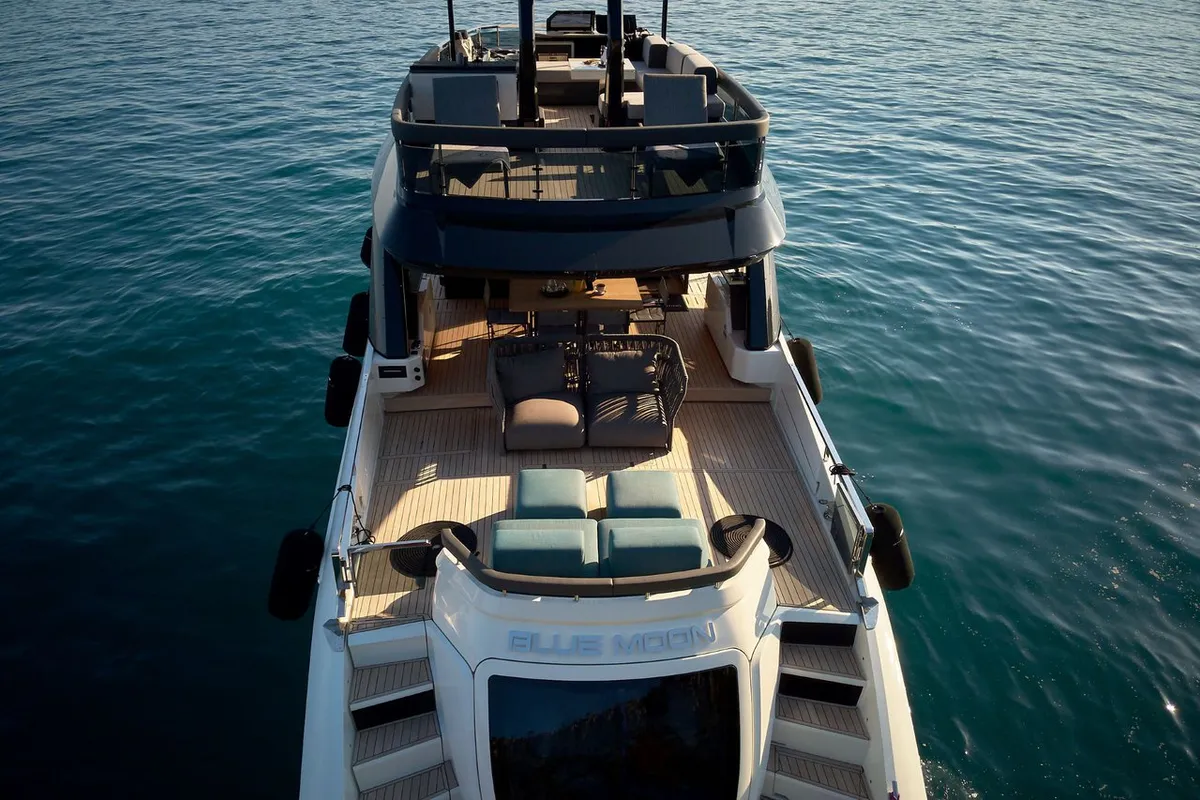 Deck of Blue Moon, a Explorer Fly 62 motor yacht at Općina Sukošan, Croatia