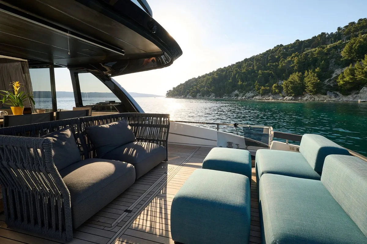 Deck of Blue Moon, a Explorer Fly 62 motor yacht at Općina Sukošan, Croatia