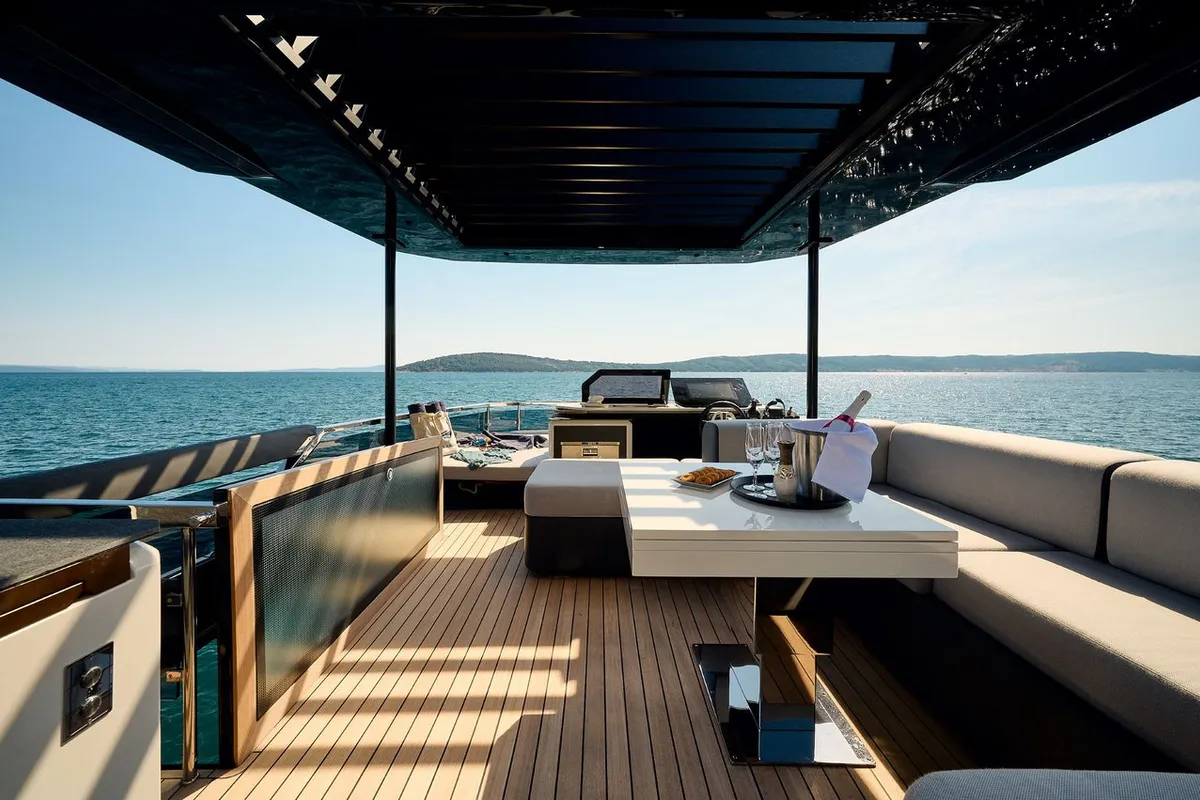 Deck of Blue Moon, a Explorer Fly 62 motor yacht at Općina Sukošan, Croatia