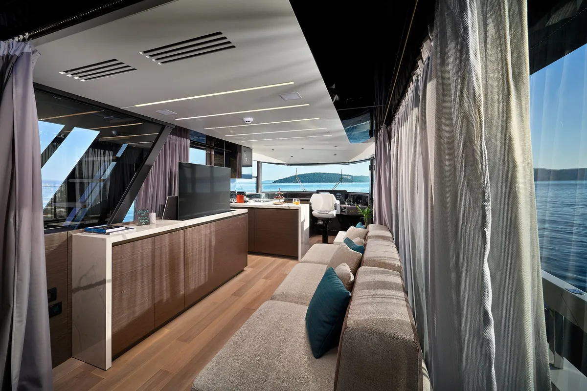 Salon of Blue Moon, a Explorer Fly 62 motor yacht at Općina Sukošan, Croatia