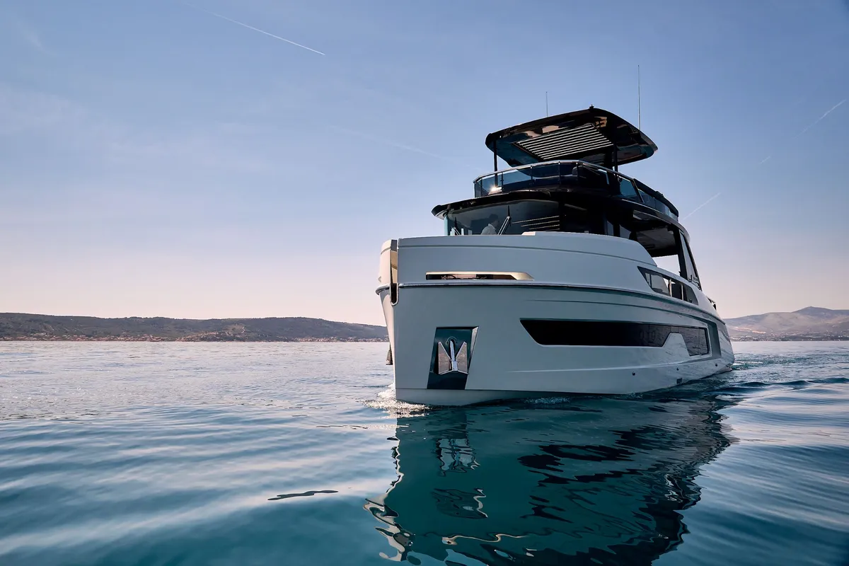 Exterior view of Blue Moon, a Explorer Fly 62 motor yacht at Općina Sukošan, Croatia