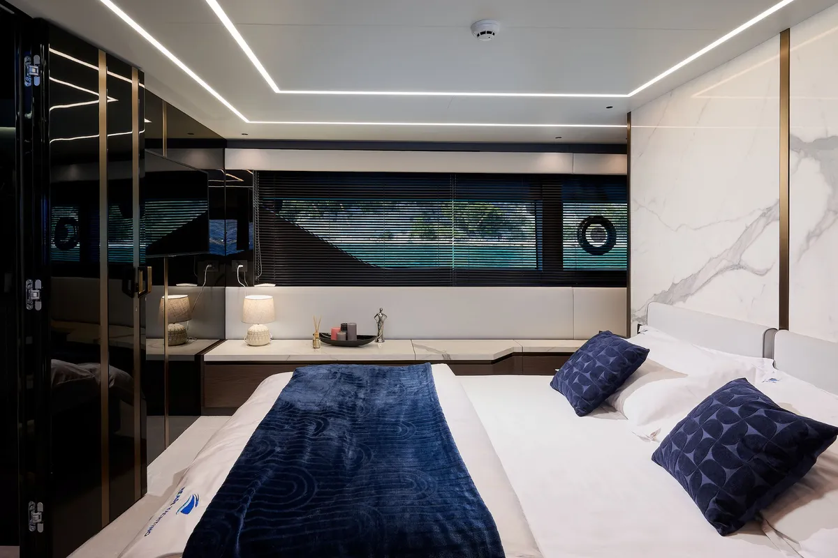 Cabin on Blue Moon, a Explorer Fly 62 motor yacht at Općina Sukošan, Croatia