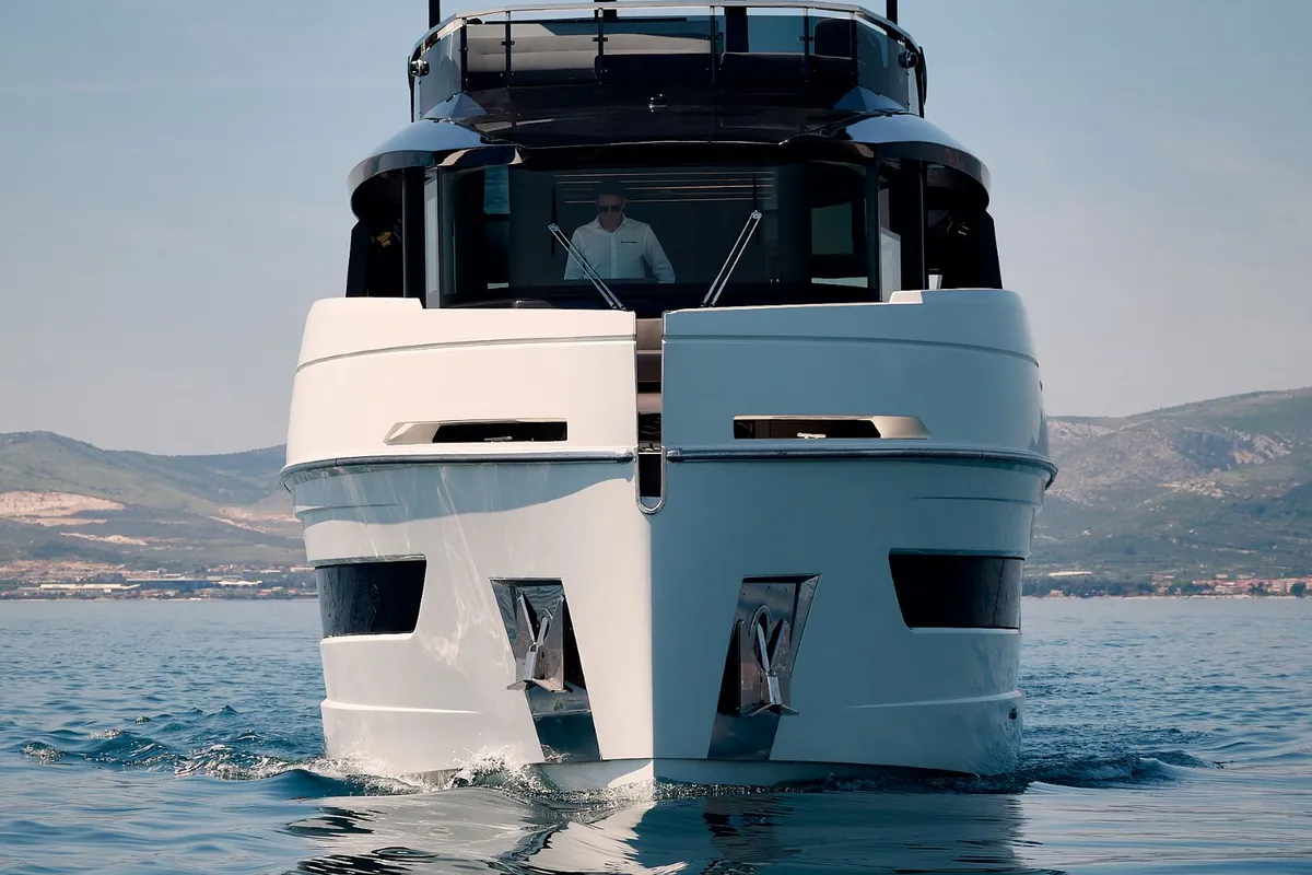 Exterior view of Blue Moon, a Explorer Fly 62 motor yacht at Općina Sukošan, Croatia