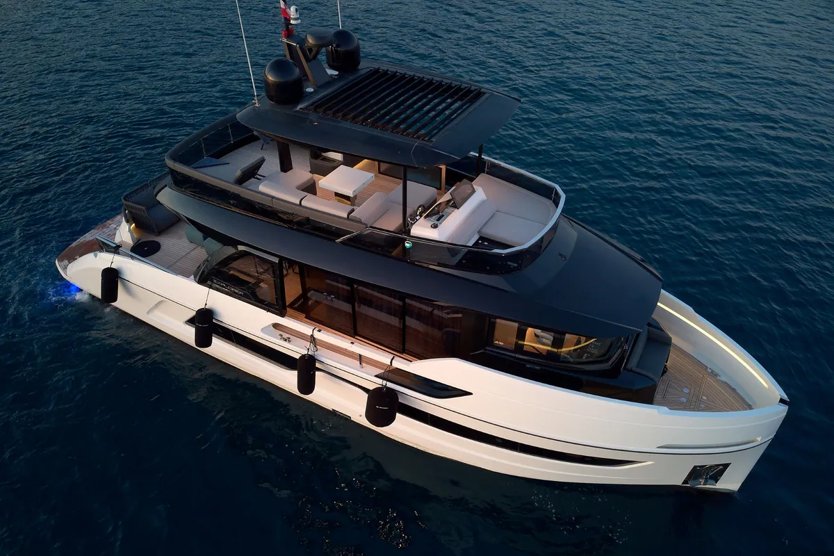 Exterior view of Blue Moon, a Explorer Fly 62 motor yacht at Općina Sukošan, Croatia