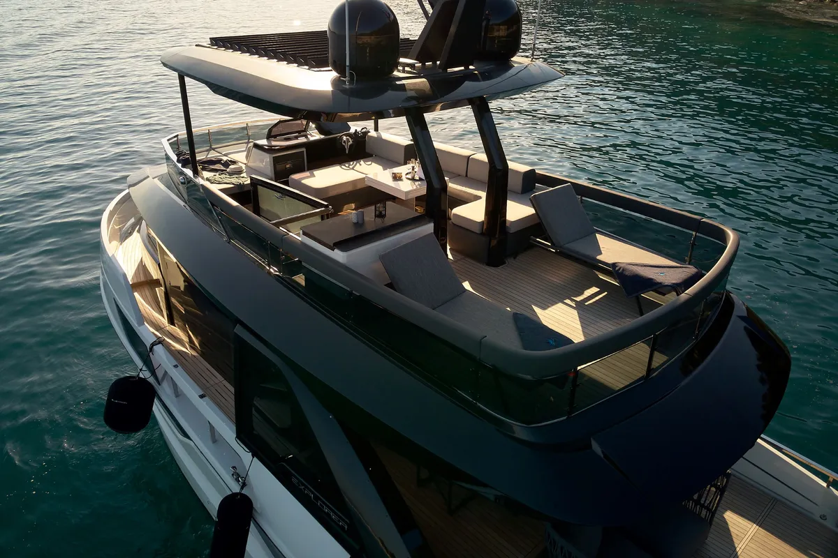 Deck of Blue Moon, a Explorer Fly 62 motor yacht at Općina Sukošan, Croatia