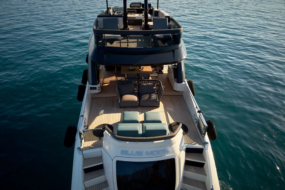 Deck of Blue Moon, a Explorer Fly 62 motor yacht at Općina Sukošan, Croatia