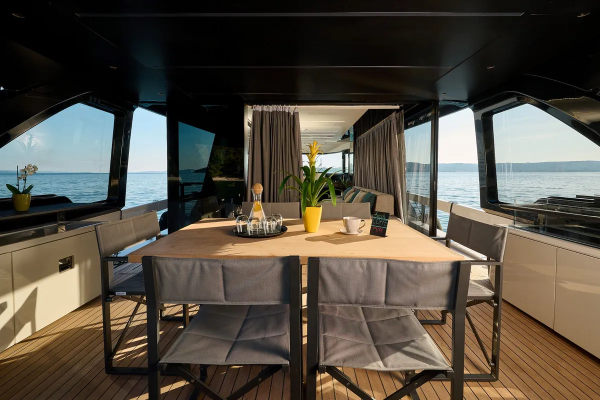 Deck of Blue Moon, a Explorer Fly 62 motor yacht at Općina Sukošan, Croatia